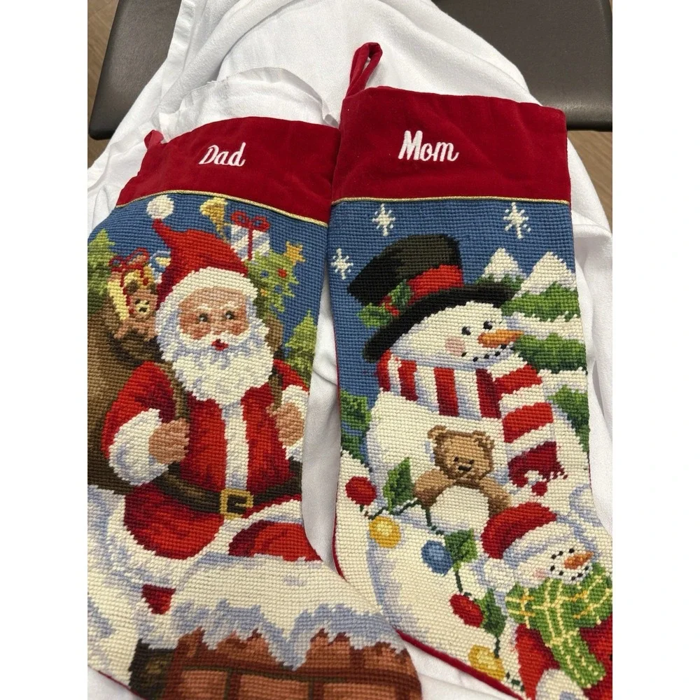 VTG Christmas Stockings Set Wool Needlepoint  Mom & Dad Santa Snowman Red Velour